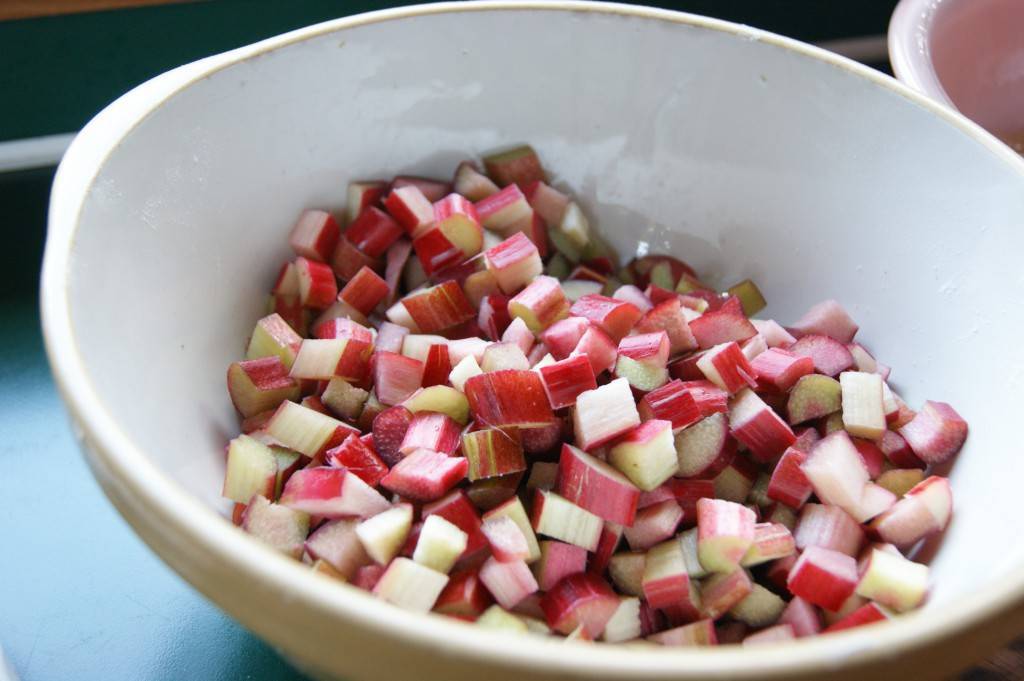 Chopped rhubarb in a large ceramic bowl