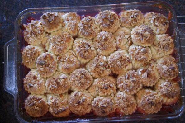 cherry cobbler out of the oven