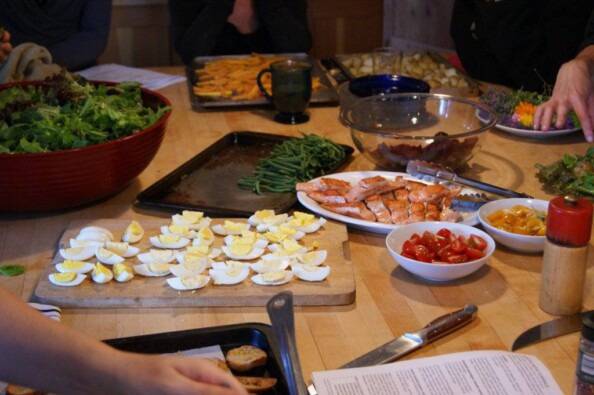 salad fixings on table ready to go