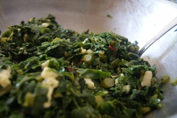 garlic scapes and greens with cheese curds