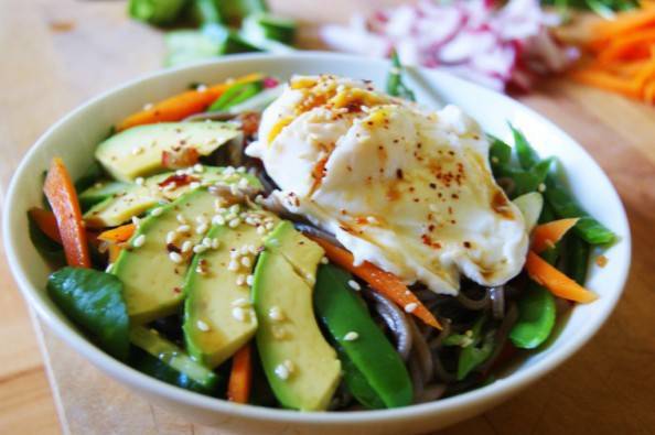 cold soba noodle salad with avocado and poached egg