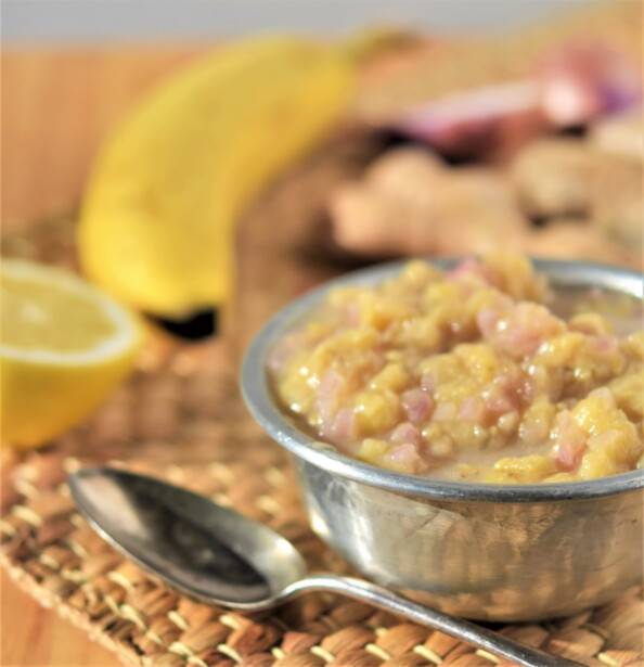 banana chutney in a silver bowl with sunlight