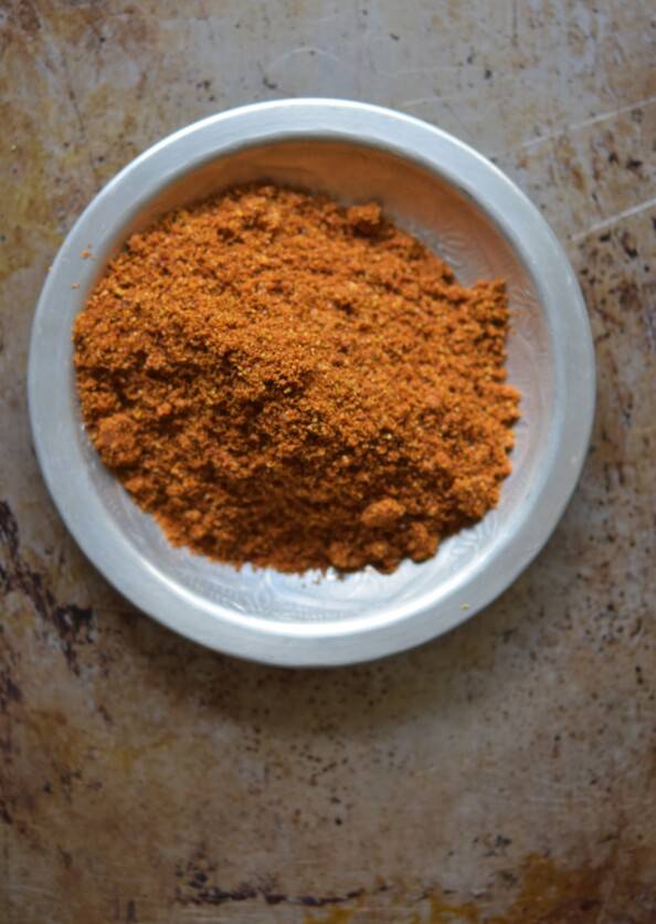 overhead shot of masala in a silver bowl