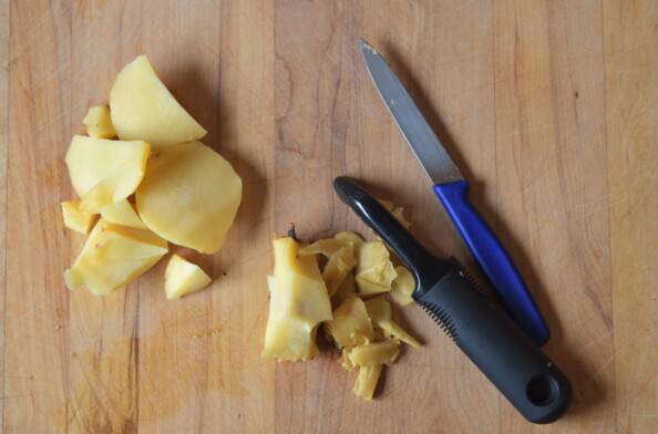 peeled and cut quince, overhead shot on a cutting board